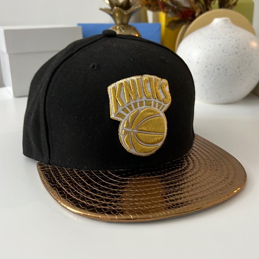 New Era New York Knicks hat 7 1/8 gold/white logo on black gold snake skin brim